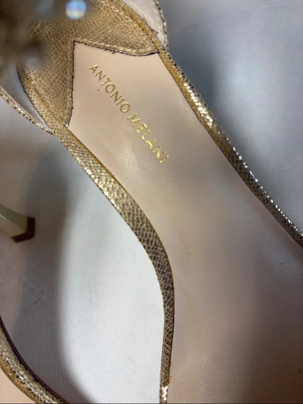 ANTONIO MELANI Gold Rhinestone Ankle-Strap Heels, size 7.5